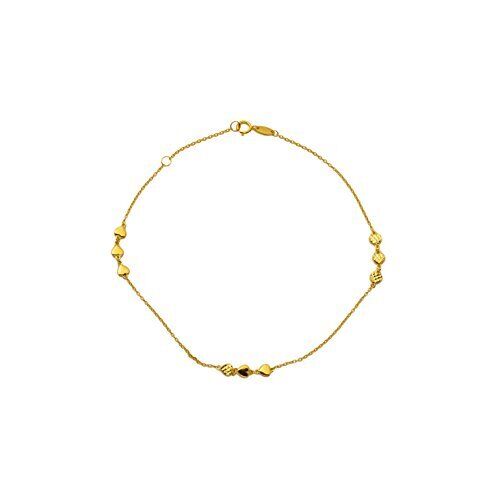 LoveBling 10K Yellow Gold .5mm Rolo Chain w/ Reversible Hearts Charm Anklet(#59)