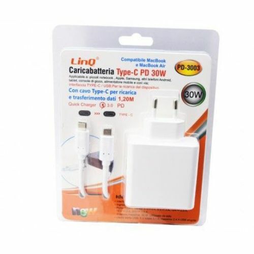 Caricabatteria Alimentatore Type-C Tipo C PD 30W Con Uscita Usb Linq PD-3003