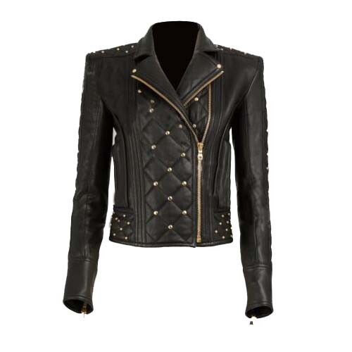 Pre-owned Handmade Woman's Quilted Golden Studded Brando Style Black Cowhide Leather Jacket-906
