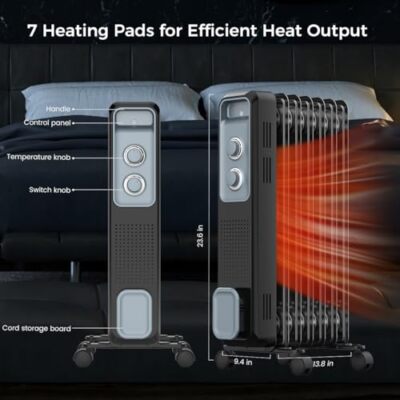 COWSAR Oil Filled Radiator Heater, 1200W Portable Electric Heater, 3 Adjustable 