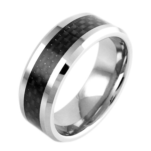 Tungsten Carbide Men's Ring Silver with Black Carbon Fiber Stripe Wedding Band