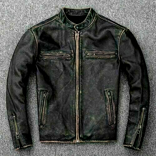 Cafe Racer Men's Genuine Cow Skin Leather Jacket Vintage Biker Black Distressed