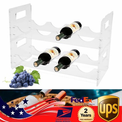 Acrylic 8 Bottles Holder Wine Rack Storage 2 Tier Solid Wood Display Shelves