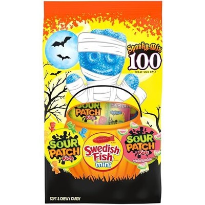 Sour Patch Kids & Swedish Fish Mini Halloween Candy Variety Pack 100 Spooky Bags