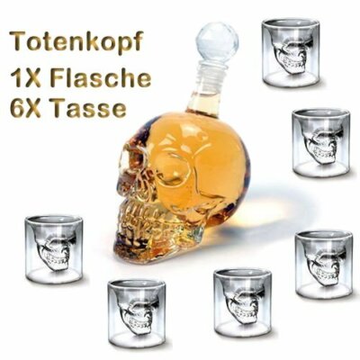 Totenkopf-GlasFlasche 750ml Mit 6 Schnaps-Gläser Karaffe Für set Whisky-Behälter