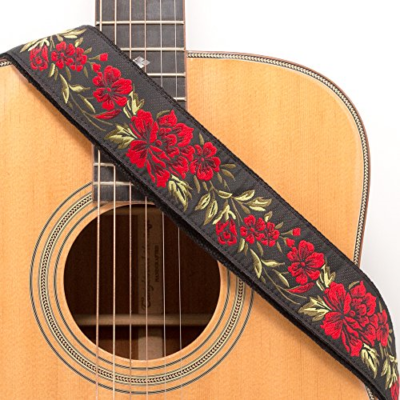 Red Rose Pattern Jacquard Woven With Black Leather Ends