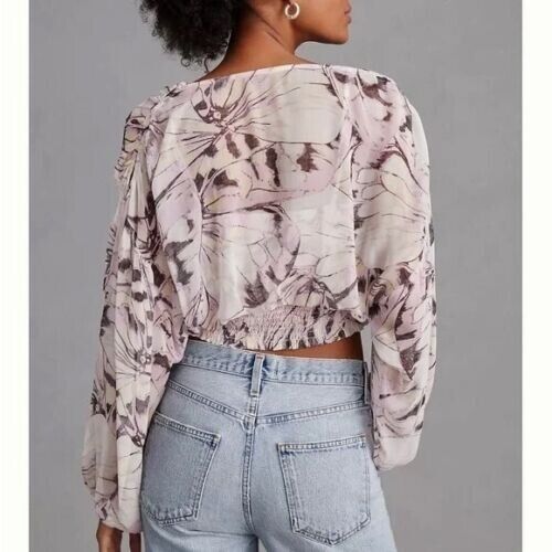 NWT Anthropologie Peasant Crop Top Blouse Long Sleeve  Purple Floral Size M