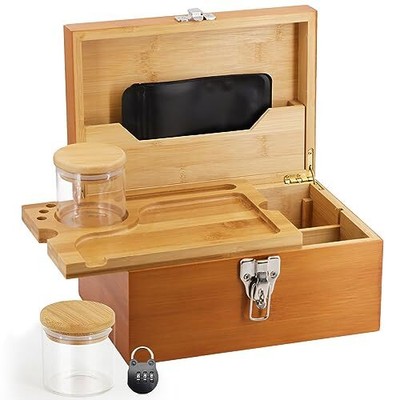Large Bamboo Box with Combination Lock, Decorative Locking Box with Detachabl...
