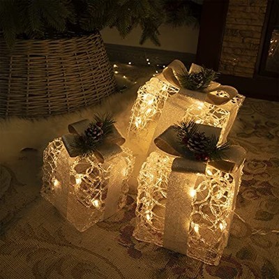 Christmas Lighted Gift Boxes, Set of 3, Outdoor Present Clear Acrylic Gift Box
