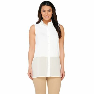 Susan Graver 2X Alabaster Premier Knit Sleeveless Top w/ Sheer Chiffon Detail