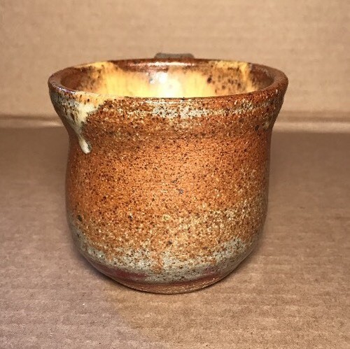 Hand Thrown Pottery Cup 8 Oz Brown Yellow Drip Splash Glaze 3-3/8