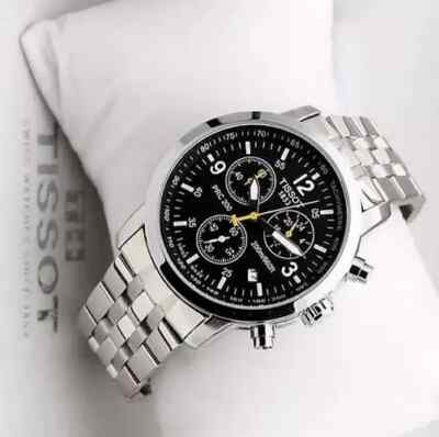 Used Men's Quartz Working Chronograph Date StainlessSteel Black Dial Wrist Watch