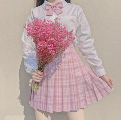 Pink plaid school skirt cheap