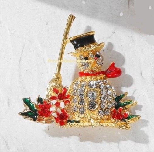 Snowman Christmas Winter Crystal Rhinestone Brooch Pin and Gold Bag - VIDEO