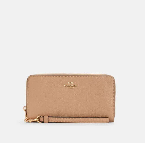 Coach Women's Gold/Taupe Refined Pebble Leather Long Zip