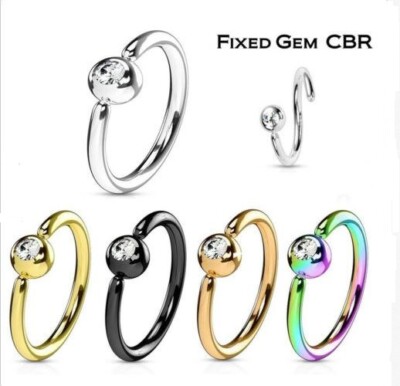 20g 18g 16g Fixed CZ Gem Ball Captive Bead Ring CBR Hoop Nose Lip Septum Ear