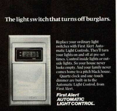 1983 Vintage Print Ad First Alert Automatic Light Control Switch Turns Burglars