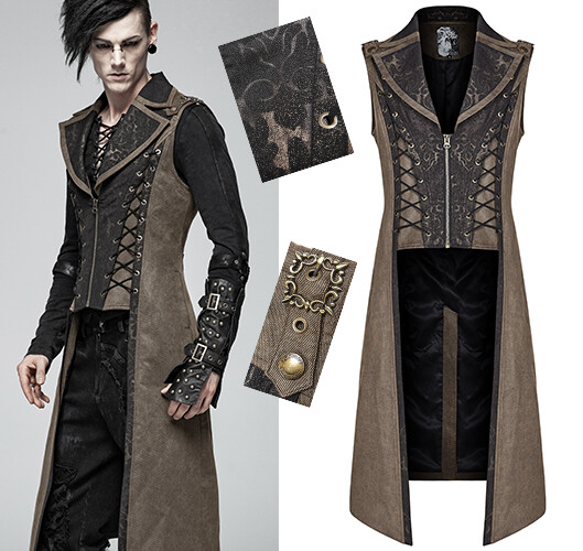 Pre-owned Punk Rave Steampunk Goldener Jacquard Lang Weste Jacke Gothic Barock Punkrave Herren Kaffe
