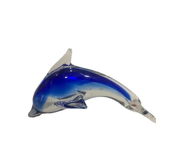 Murano Hand Blown Art Glass  Lear & Blue Jumping Dolphin 6" Figurine Paperweight