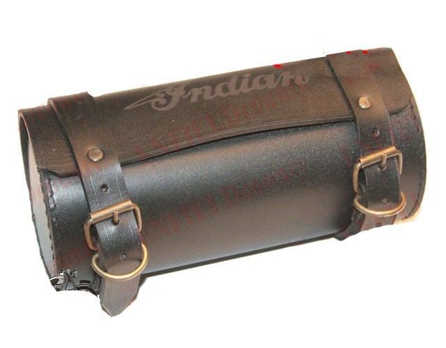 Tool Bag Roll Pure Black Leather Retro Indian Logo Engraved Design Motorbike  