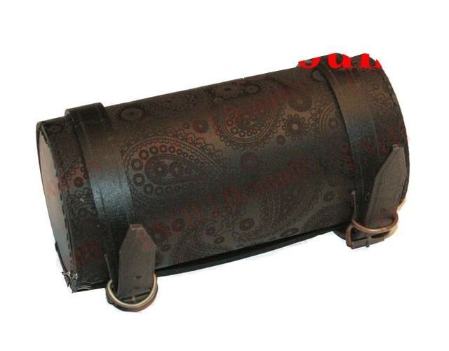 Tool Bag Roll Pure Black Leather Retro With Paisley Design Motorbike  