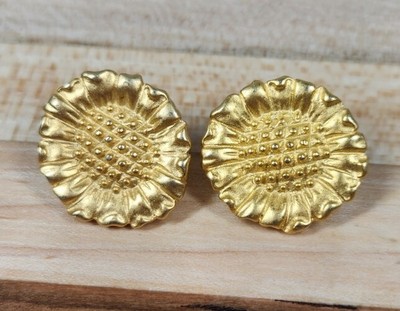 Cute Vintage Brushed Satin Goldtone Sunflower Post Earrings Signed DP