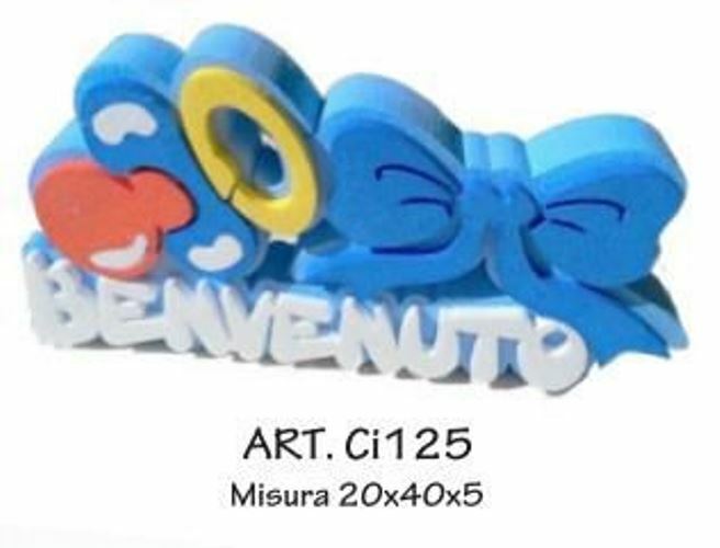 Decorazione Scritta In Polistirolo Benvenuto Nascita Maschile 20x40x5cm bal