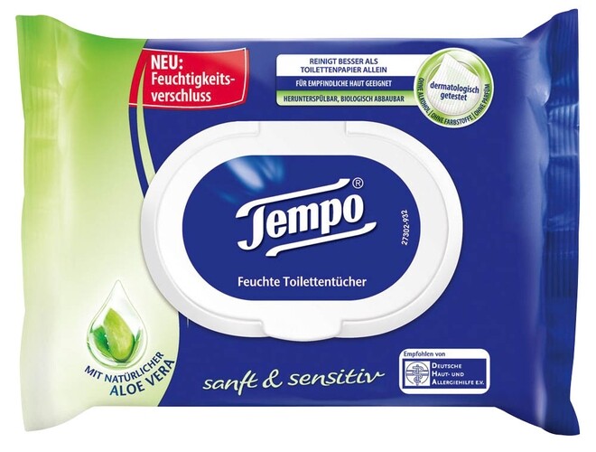 3x feuchtes Toilettenpapier Aloe Vera 42 Blatt Tempo 1-lagig sanft & sensitiv