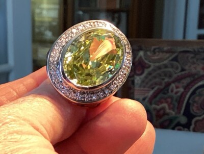 Ring Light Green Large Gemstone Peridot Color Silver Tone W/Faux Accent Sz 9.5