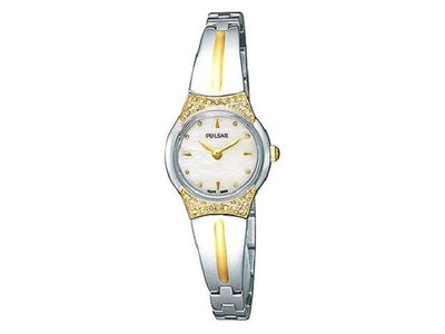 NEW PULSAR WOMEN S CRYSTAL MOTHER OF PEARL TWO-TONE STAINLESS STEEL WATCH PTA380