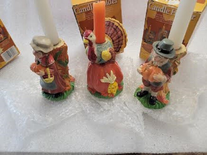 Vintage Nice Thanksgiving Pilgrims & Turkey Candle Holder 3 Piece