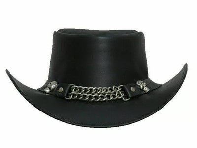 Black Handmade El Dorado Leather Top Hat with Steampunk Skull Band