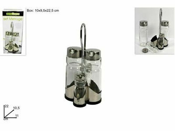Set Menage 4 Pz In Vetro Olio Aceto Sale Pepe Con Struttura Inox dfh
