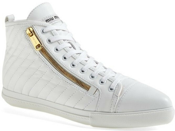 MIU MIU HIGH TOP WHITE QUILTED GOLD LOGO ZIPPER SNEAKERS