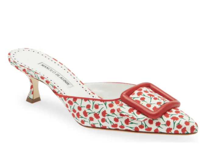 Pre-owned Manolo Blahnik Maysalebi Buckle Red Floral 50mm Pointy Toe Mule, Us 6, 36 Eu