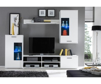 Anbauwand Wohnwand Wohnzimmerschrank Schrankwand Weiss mit LED ca. 230 cm breit