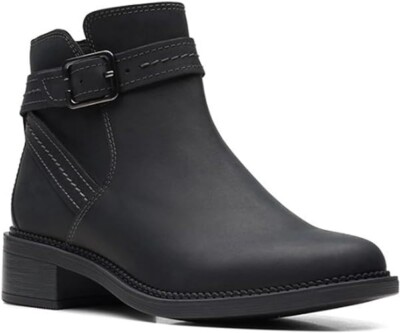Clarks Women's Maye Strap Ankle Boot Black  Leather Zip Buckle NEW 6 M