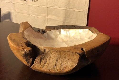 HUGE Teak Root Wood Bowl Fossil Dish Hand Crafted Capiz Pearl Shell inlay 16”x5”