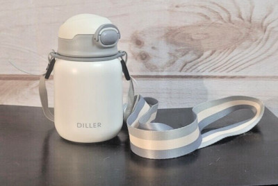 Diller ~ Insulated Water Bottle Tumbler with Straw & Strap ~ White/Gray ~ 14oz