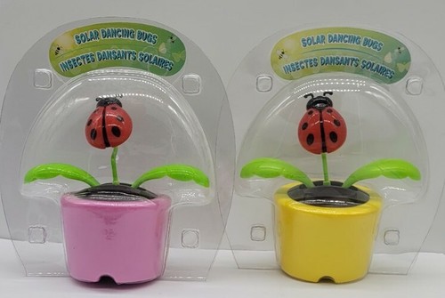2 Solar Dancing LADYBUGS Light Powered BOBBLEHEAD Toy BUG Flower Pot PINK YELLOW