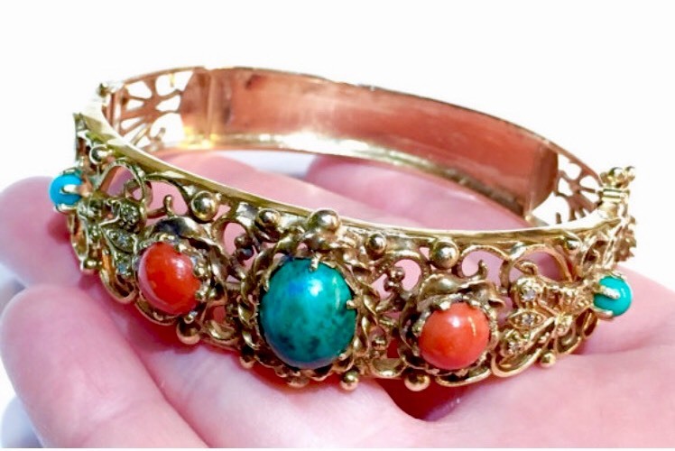 RARE 15k gold Chinese 39g! Art Deco Nouveau turquoise red coral diamond bracelet