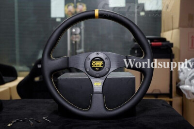 OMP 350mm 14' Genuine Leather Flat Yellow stitch Racing Sport Steering Wheel