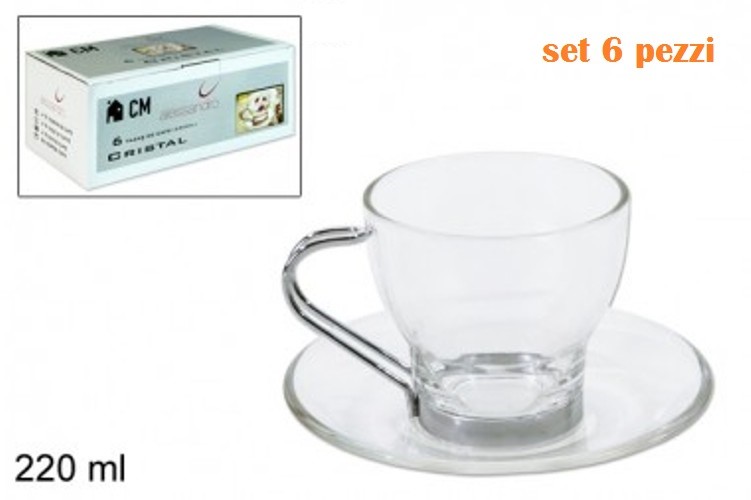 Set Servizio 6 Tazze Tazzine Caffè In Vetro Trasparente Con Piattino 220ml idea