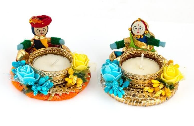 Handcrafted Rajasthani Raja Rani Puppet Decorative Tealight Candle Holder, 2 Pcs