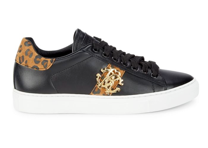 Pre-owned Roberto Cavalli Cavalli Class  Logo Leopard-trim Suede Leather Sneakers 5 6 $500 In Black