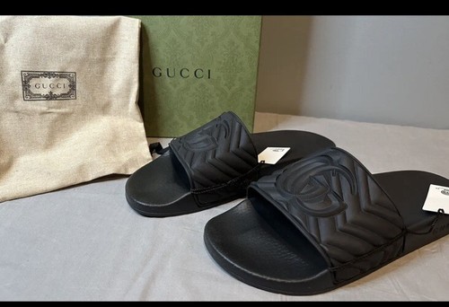 Pre-owned Gucci Matelasse Quilted Gg Black Rubber Slides Men's Size 10 (us 10.5) Authentic