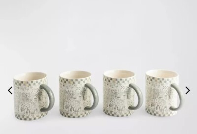 4 MACKENZIE-CHILDS Sterling Cottage Mugs Ceramic White Gray Check Set NEW $149