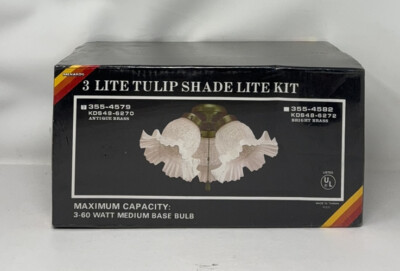 NOS VINTAGE CEILING LIGHT FIXTURE 3 Glass Tulip Shades Small Pullchain 80's 90 s