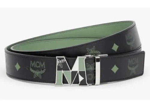 Pre-owned Mcm Claus Reversible Leather Belt 1.5" Loden Frost/black Logo/epoxy $390