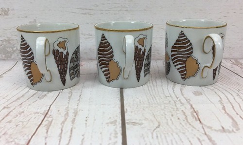 Lot Of 3 Fitz & Floyd Demitasse Cups Seashell Design Neiman Marcus Gold Trim